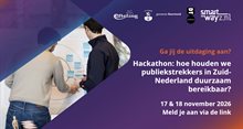Logo's van SmartwayZ.NL, Design Thinkers Academy, gemeente Roermond en de Efteling. De tekst omschrijft: Ga jij de uitdaging aan? Hackathon: hoe houden we publiekstrekkers in Zuid-Nederland duurzaam bereikbaar? 17 en 18 november 2026.