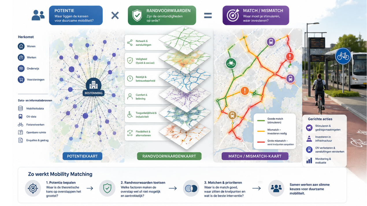 Infographic van de Mobility Matching-methodiek. Potenties voor duurzame mobiliteit worden gekoppeld aan randvoorwaarden zoals bereikbaarheid, veiligheid, reistijd en toegankelijkheid. De analyse laat zien waar investeringen en maatregelen nodig zijn.