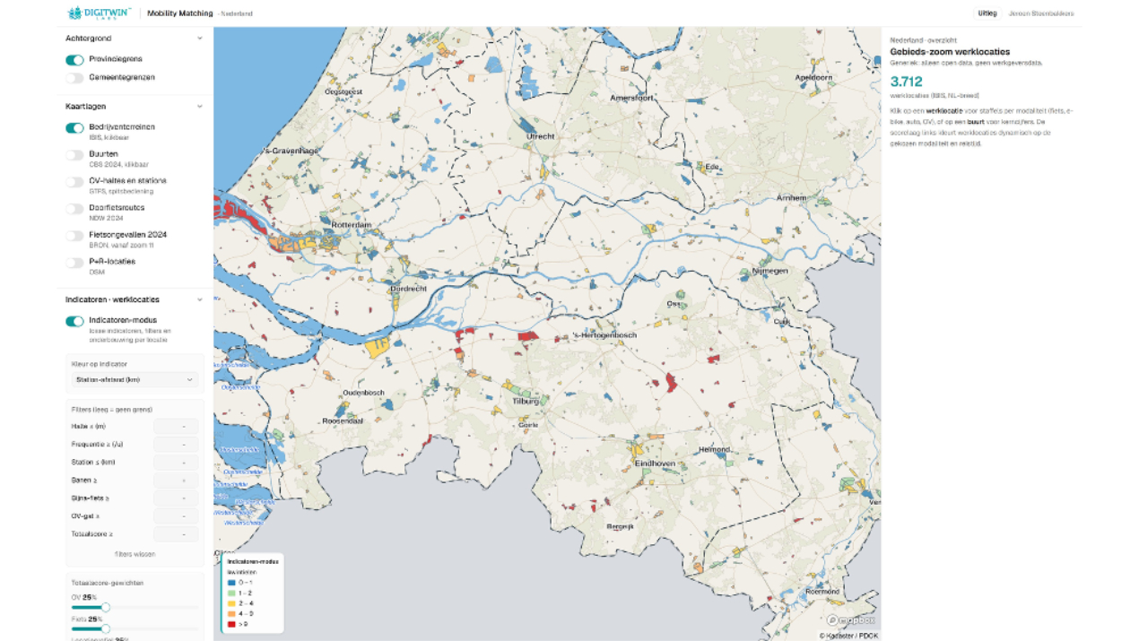 Overzicht van alle bedrijventerreinen in Nederland (hier ingezoomd op Zuid-Nederland), gekleurd op een gekozen indicator, in dit geval de afstand tot een treinstation.